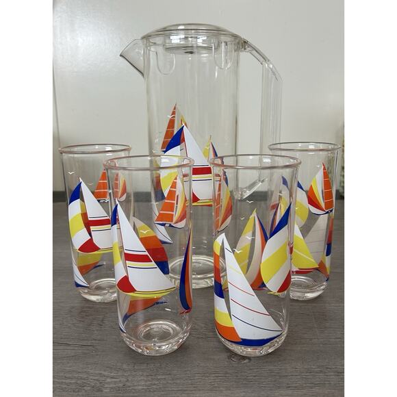 Culver Other - Culver Acrylic Pitcher & 4 Tall Glasses Sail Boat Motif
